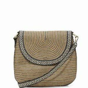 Eric Javits Squishee Demi Pouch Woven Straw Shoulder Bag Purse Black Natural